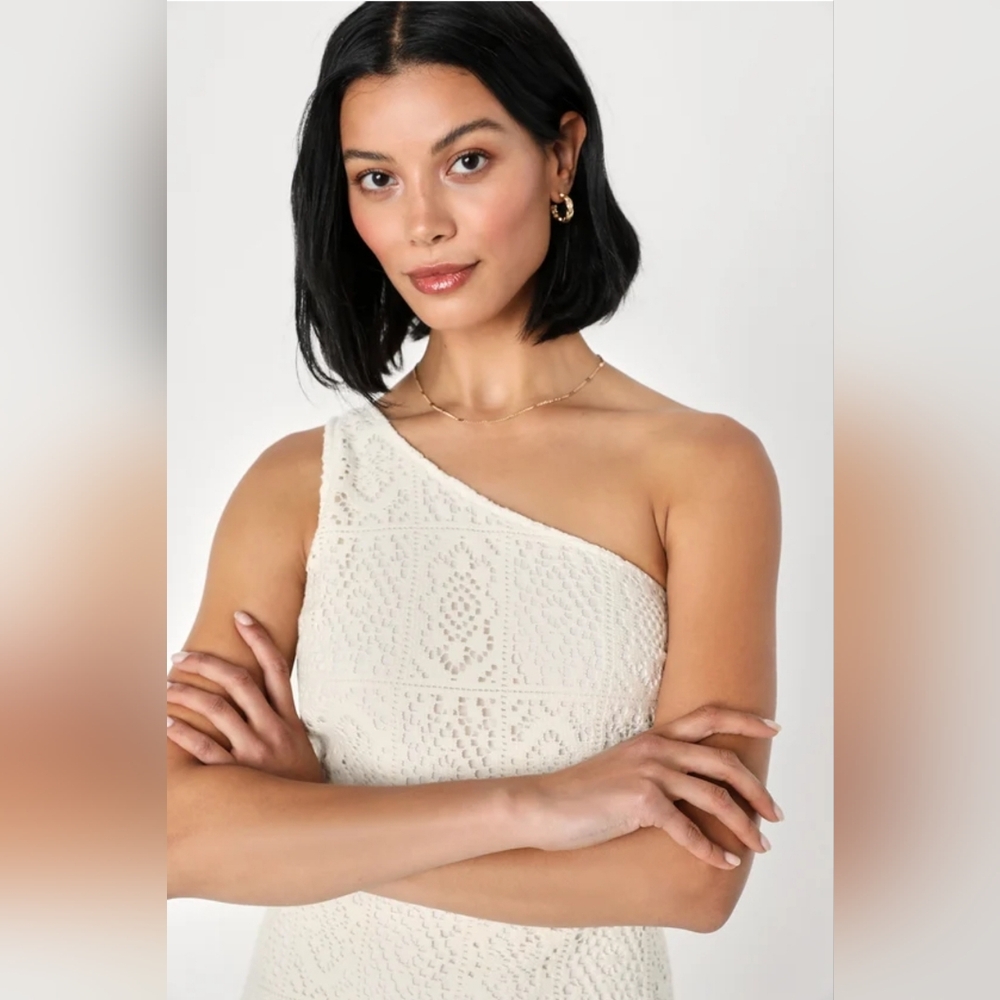 Lulus In My Mood Crochet Lace One Shoulder Mini Dress in Ivory - Picture 4 of 13